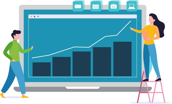 People standing in front of a  bar graph